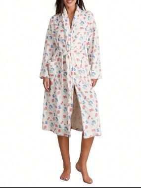 Plush Floral Wrap Robe - White with Pink & Blue Floral Print